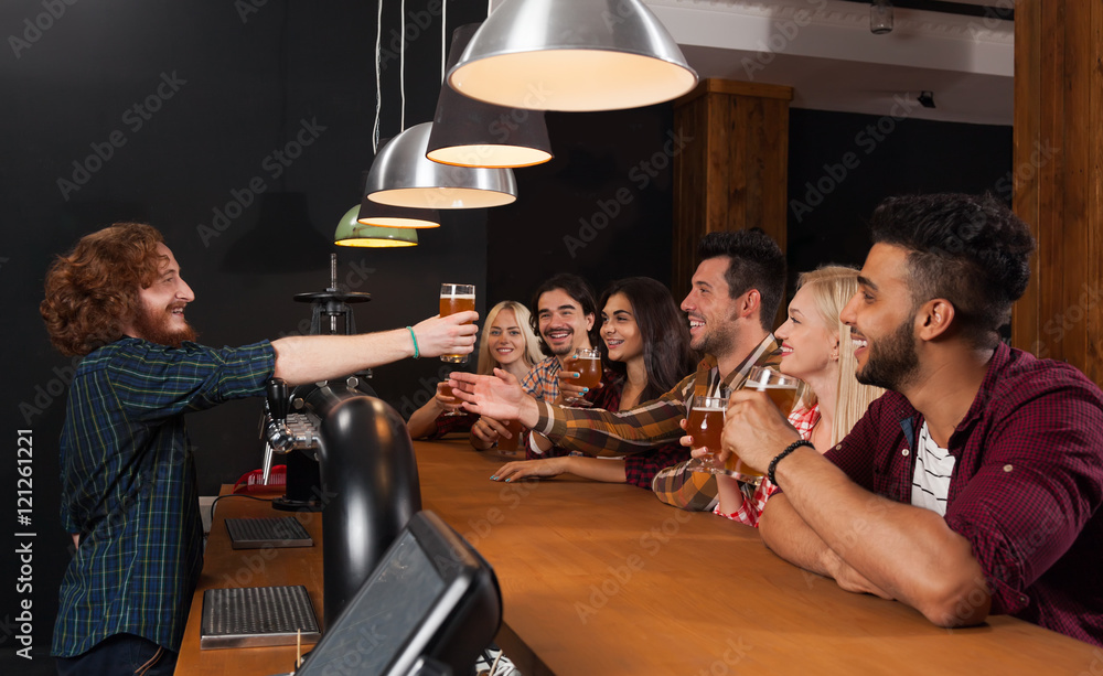 Young People Group In Bar, Barman Give Beer, Friends Sitting At Wooden Counter Pub,  Communication - obrazy, fototapety, plakaty 