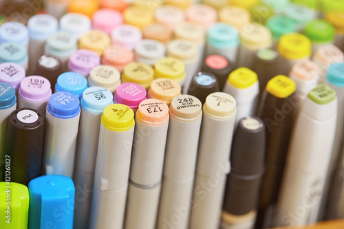 Canvas Print Photo of markers set. Tools for drawing, sketching, design