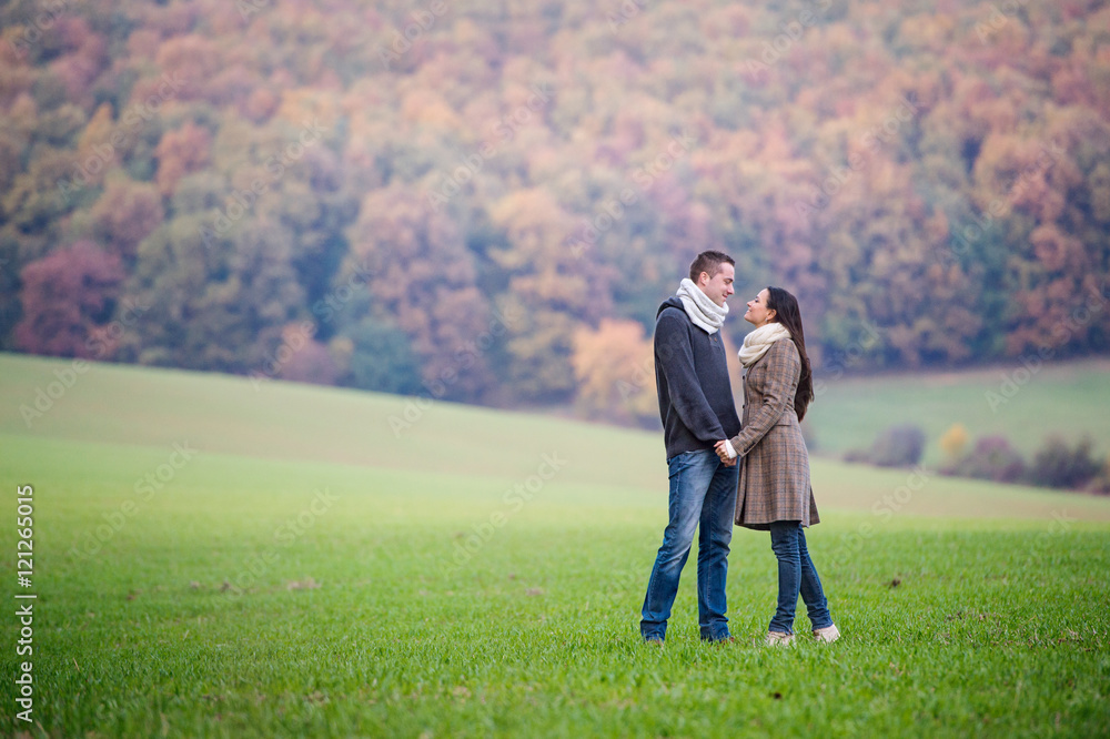 Beautiful young couple on a walk. Colorful autumn nature. Beautiful young couple on a walk. Colorful autumn nature.