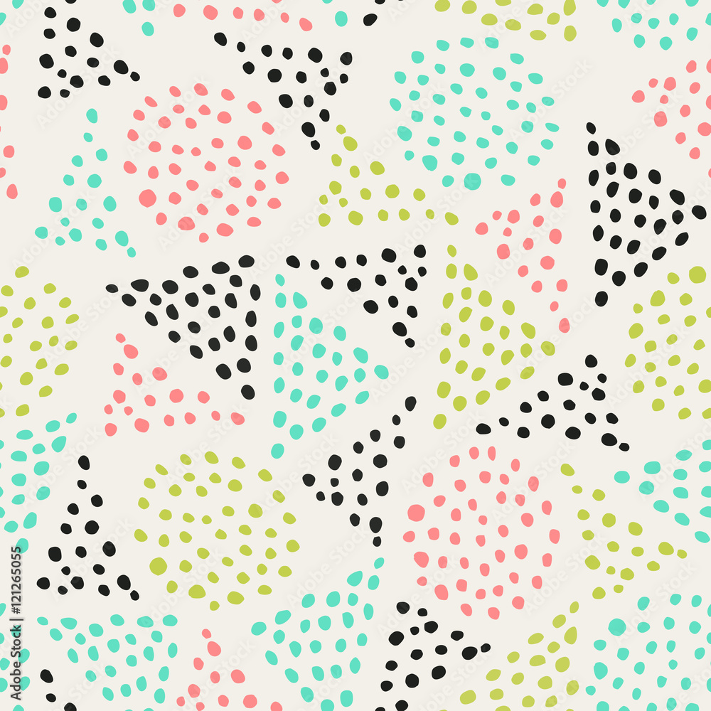 Abstract seamless pattern with hand drawn shapes in green, pink and black on cream background.