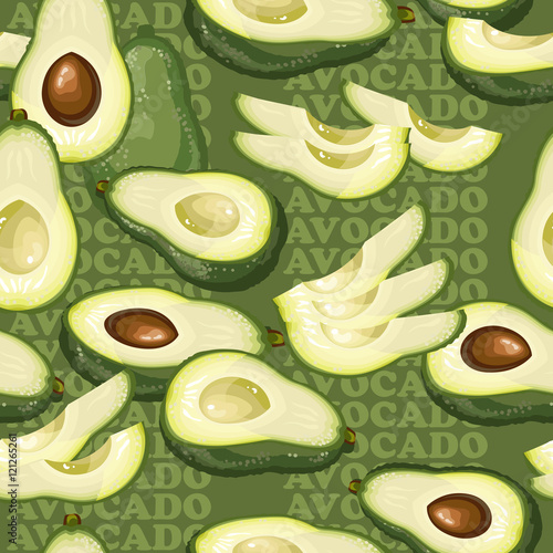 Seamless texture with avocado and slices on green background. 