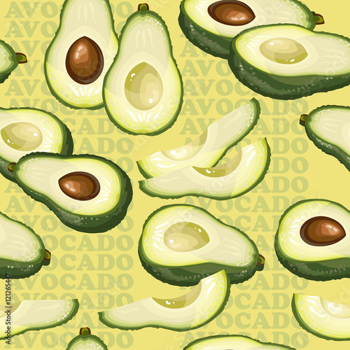 Seamless texture with avocado and slices on yellow background.