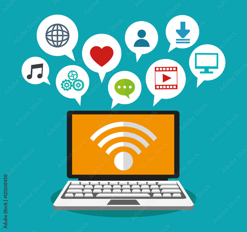 Laptop and media icon set. Social media and network theme. Colorful design. Vector illustration Laptop and media icon set. Social media and network theme. Colorful design. Vector illustration