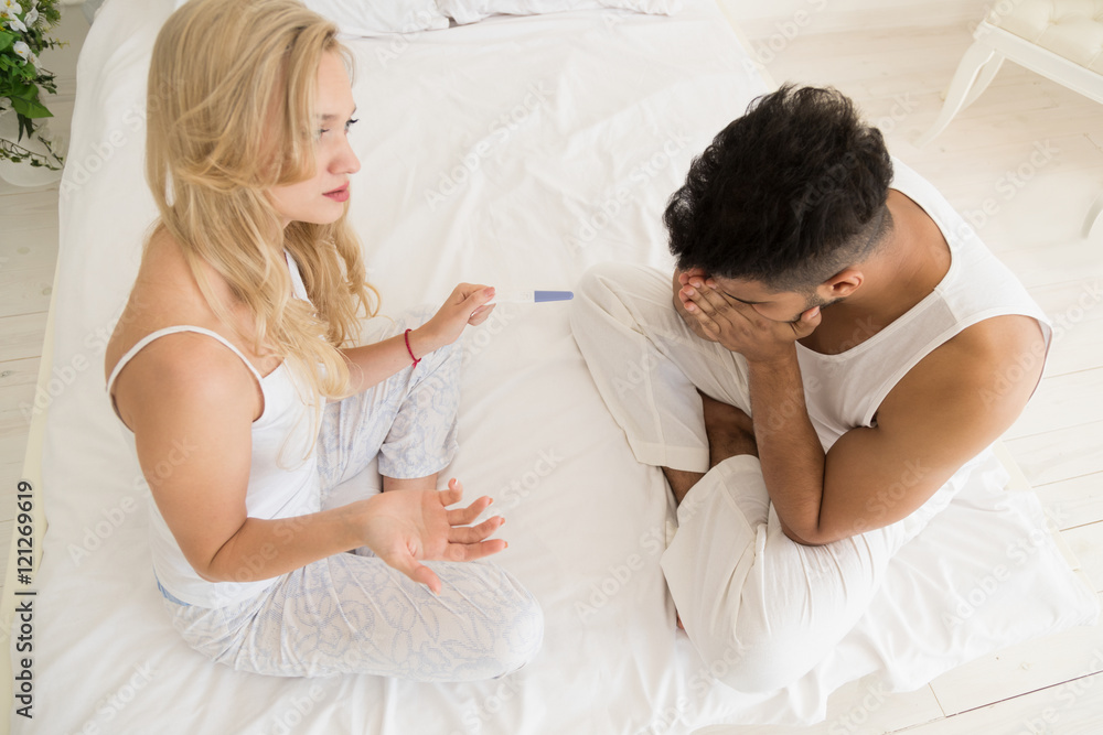 Couple Sitting Bed Argue, Having Conflict Relationships Problem, Sad Negative Emotions