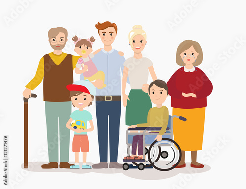 Big modern family vector illustration. Big family with children, parents, grandparents and with special needs child. Family portrait on white background.