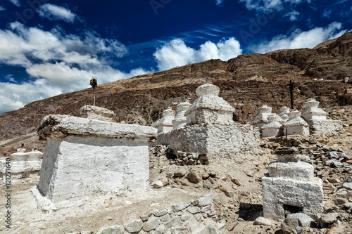 Chortens (Tibetan Buddhism stupas) in Himalayas. Nubra valley, L