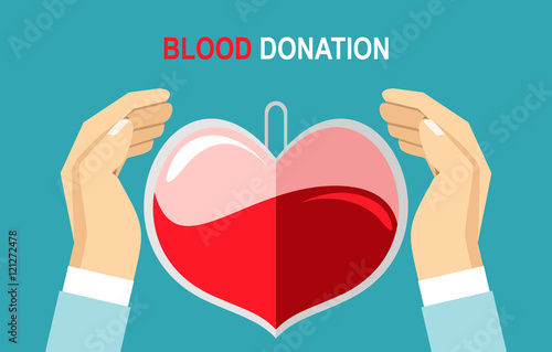 Blood donation poster with hands holds transfusion equipment in heart shape vector illustration