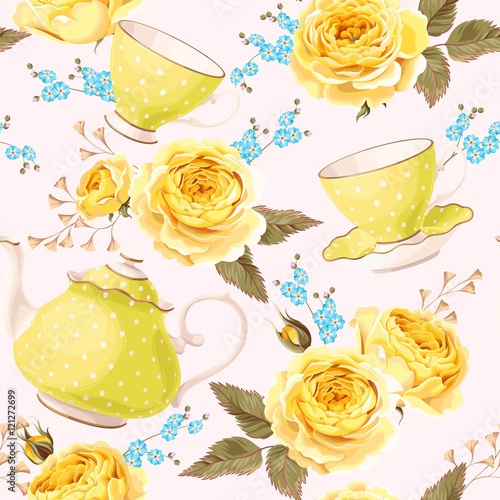 Seamless teapots, cups and flowers