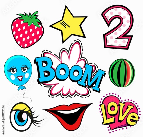 Set of quirky cartoon patch badges or fashion pin . Strawberry, two, boom, love, heart, eye, watermelon, star.