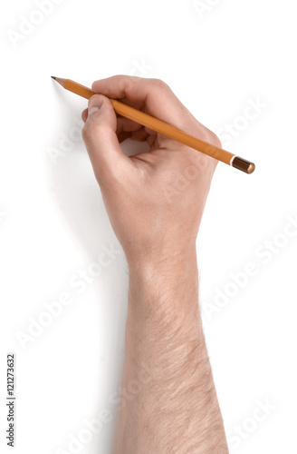 Man's hand holding a pencil isolated on white background