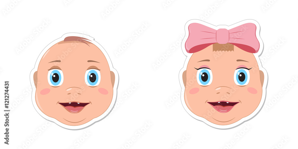 Cute baby faces on stickers - boy and girl, twins.