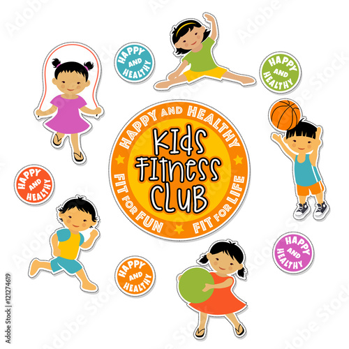 active children playing sports. asian kids fitness stickers.