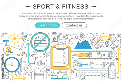 Vector elegant thin line flat modern Art design sport and fitness concept. Website header banner elements layout. Presentation, flyer and poster.