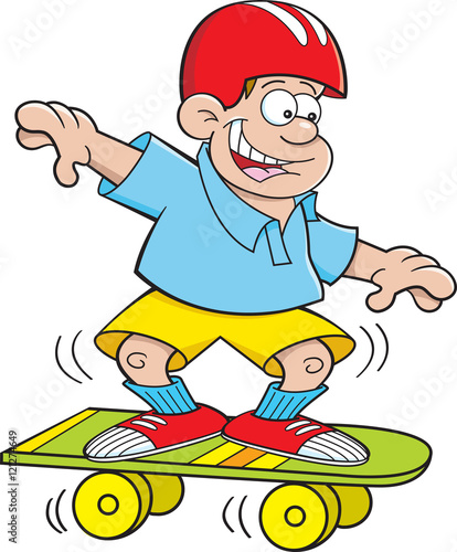 Cartoon illustration of a boy skateboarding.