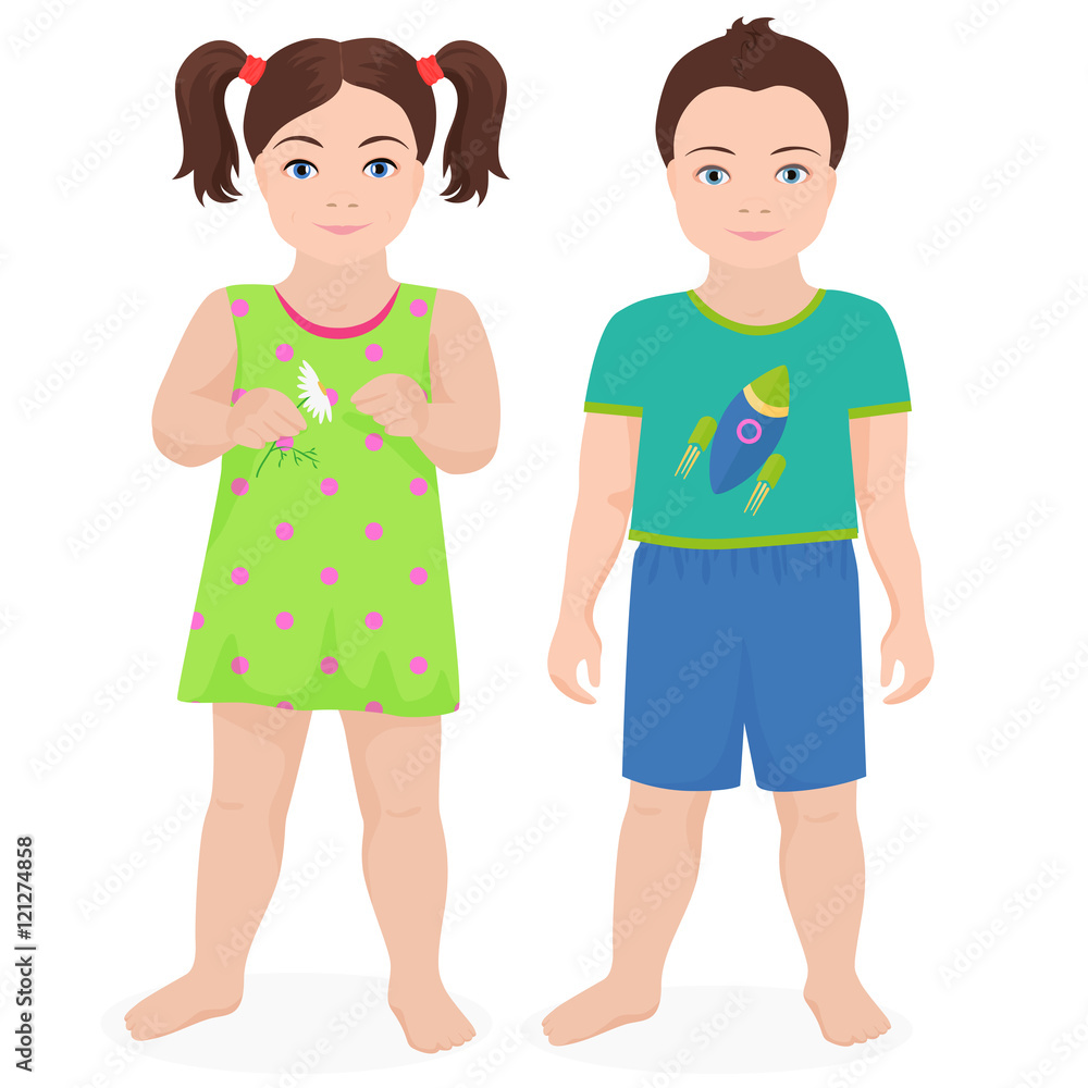 Happy little boy and girl kids together isolated. Vector illustration.