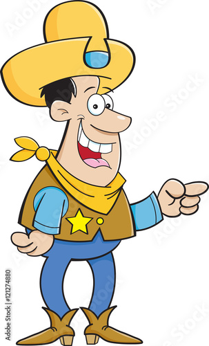Cartoon illustration of a cowboy pointing.