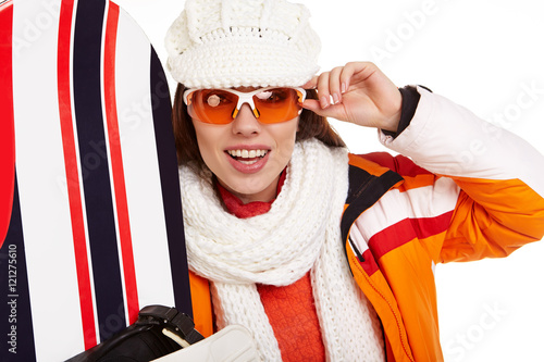 Cuadro en lienzo woman standing with snowboard isolated on white