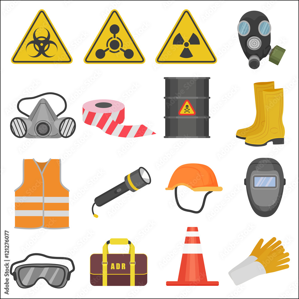 Industrial job work safety equipment flat icons set. Radiation and