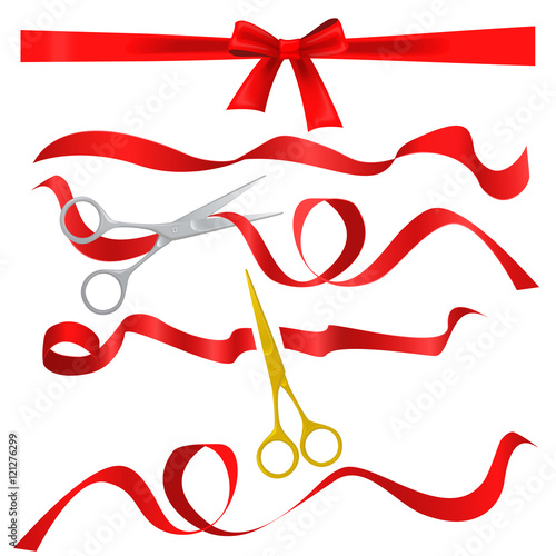 Metal chrome and golden scissors cutting red silk ribbon. Realistic opening ceremony symbols Tapes ribbons and scissors set.