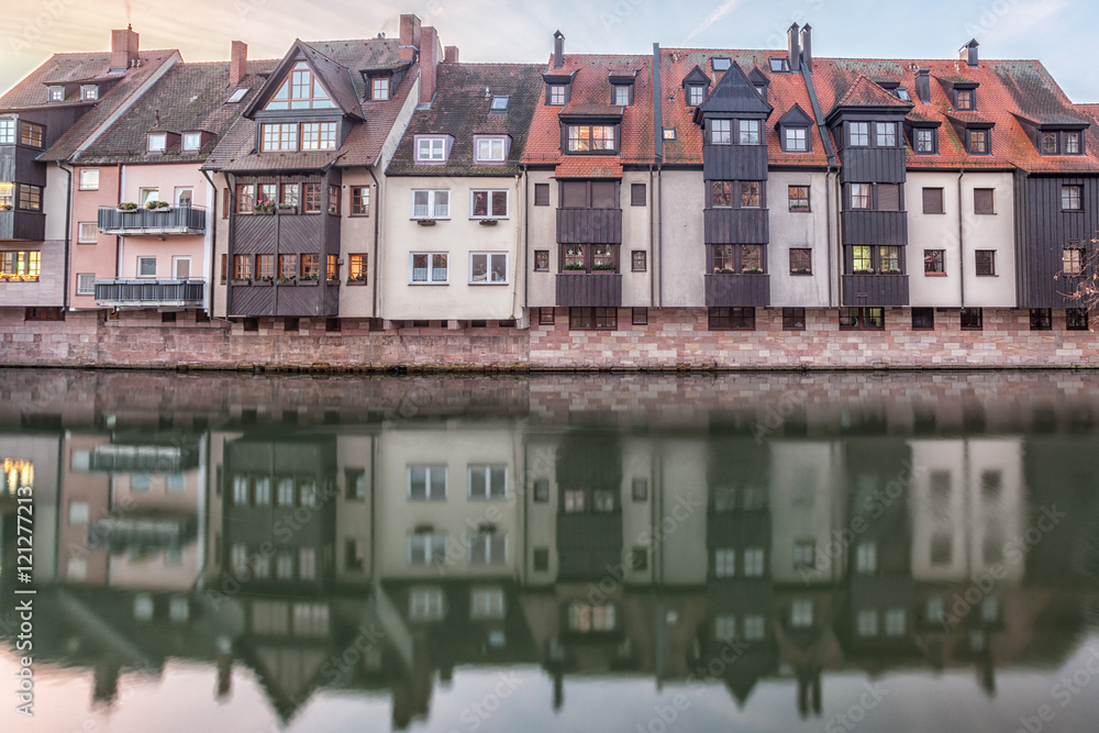 Reflection of houses in the river Pegnitz