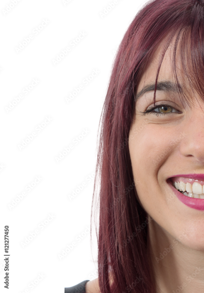 half face of smiling beautiful woman with red hairs half face of smiling beautiful woman with red hairs