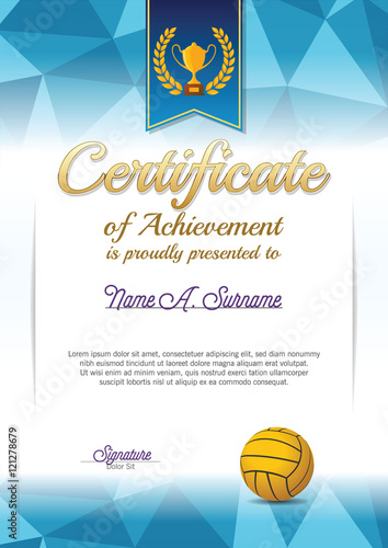 Certificate of Achievement. Water polo Certificate . Portrait.