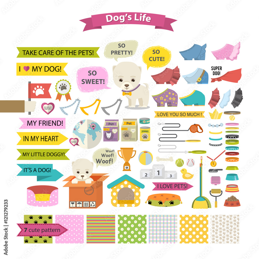Dog care,stuff,objects,accessories,ribbon,speech babble icon and seamless pattern set over white