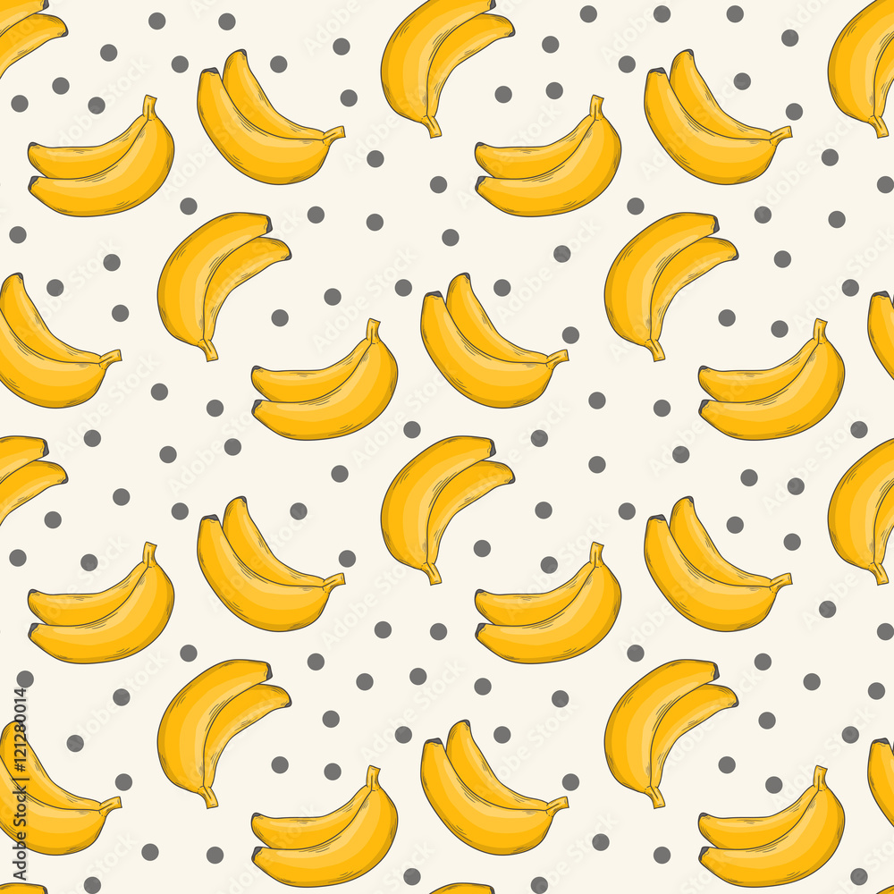 Banana pattern.Vector abstract seamless pattern with yellow fruit banana and black polka dots isolated on a white background