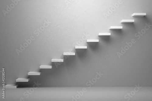 Ascending stairs of rising staircase in white empty room with li