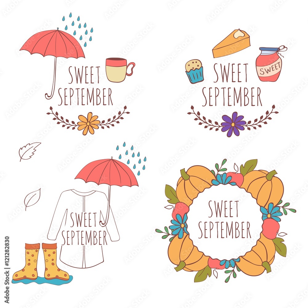 Set of hand drawn card with pumpkins, apples and leaves, umbrella and rain, raincoat, rubber boots isolated on white background. September. Sweet september.