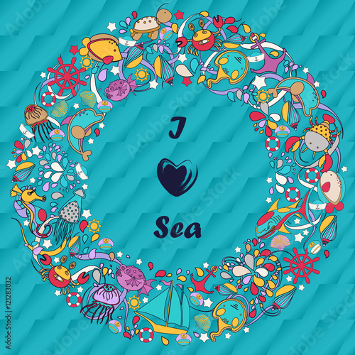 PrintCartoon hand-drawn doodles on the subject of  Sea vacation.  Vector colorful background, form of a circle photo