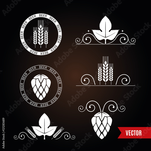 Decorative elements with barley or wheat ears and hop cones for beer label design. Dark design of borders and stamps. Vector illustration