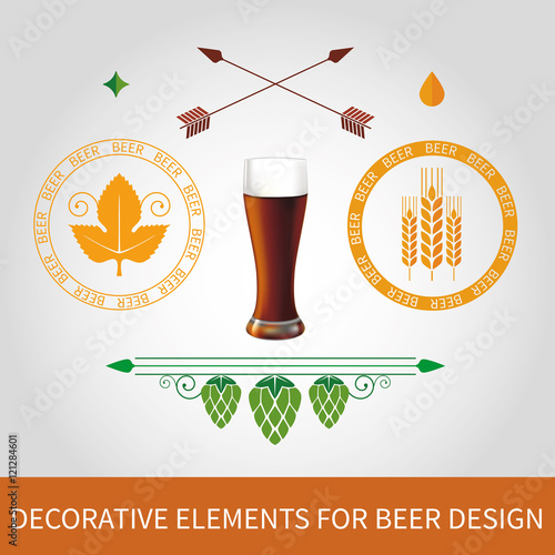 Decorative elements and stamps for dark beer label design. Vector