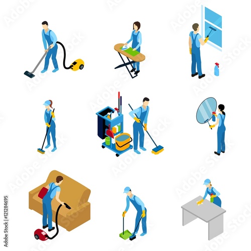 Professional Cleaners Isometric Icons Set
