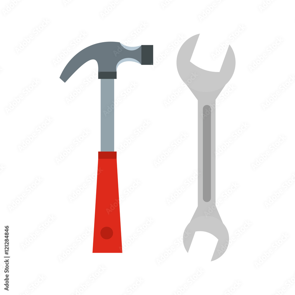 Hammer and wrench icon in flat style isolated on white background. Tools symbol vector illustration Hammer and wrench icon in flat style isolated on white background. Tools symbol vector illustration