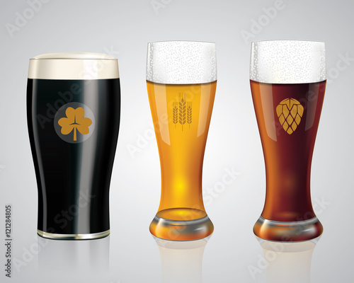 Set of different kinds of beer. Realistic glasses of light Weissbier, Bavarian dark beer and Irish black beer with golden emblems. Vector
