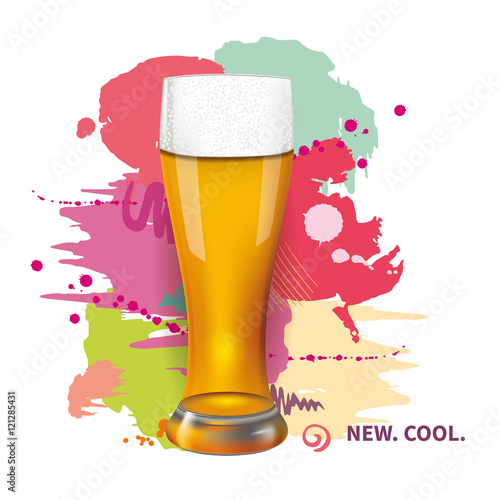 Realistic glass of light beer on colorful blots of paint background. Vector illustration