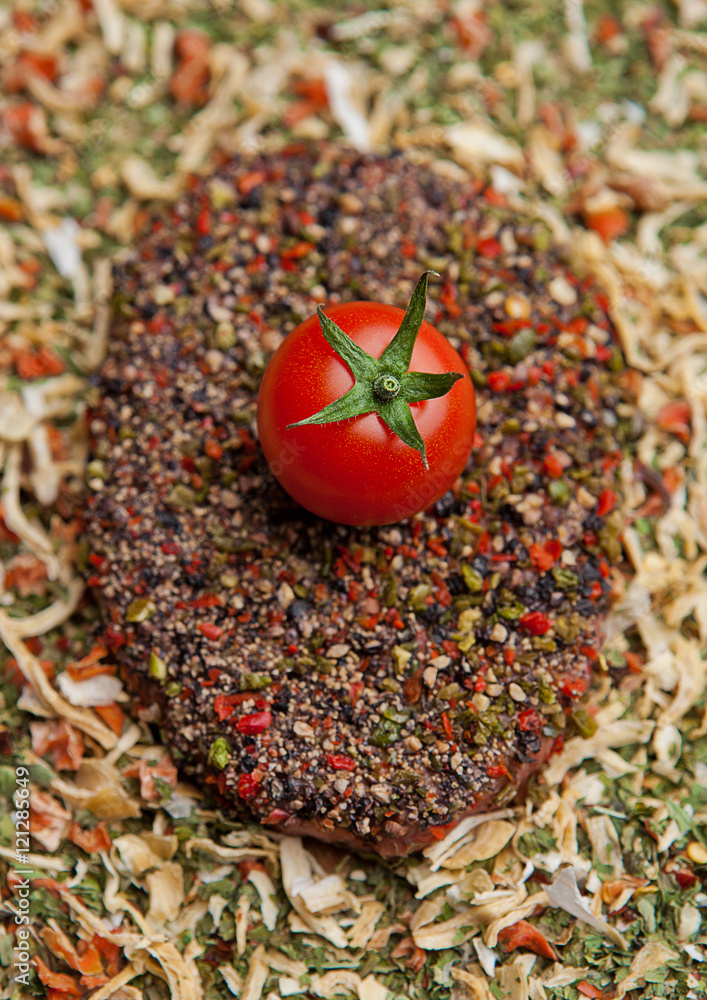 Beef raw steak with tomato on spices Beef raw steak with tomato on spices