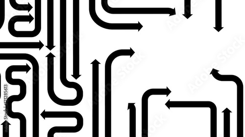Maze of black arrows on white background, seamless loop, CG animation