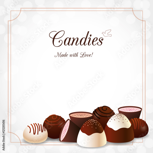 Assorted chocolate candies on white bokeh background with frame. Vector