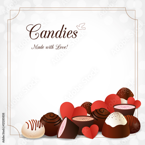 Assorted chocolate candies and red paper hearts on bokeh background with frame. Vector