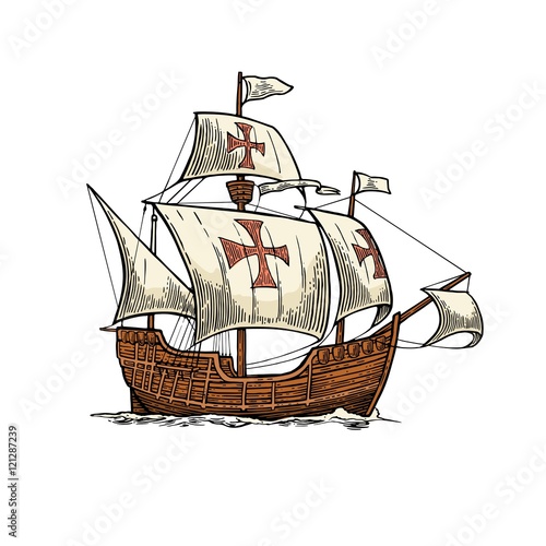 Columbus Day poster. Sailing ship floating on the sea waves. Caravel Santa Maria.