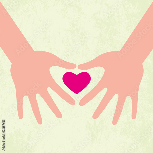 Two hands holding heart on grunge background. Vector