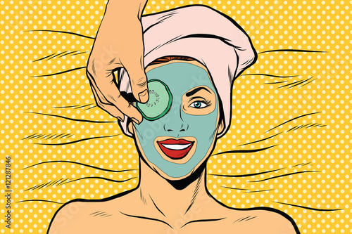 Cucumber mask on woman face, skin beauty