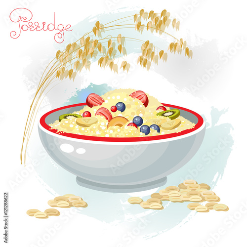 Porridge and fruits in bowl isolated on white background. 
