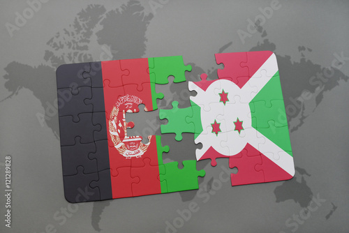 puzzle with the national flag of afghanistan and burundi on a world map background.