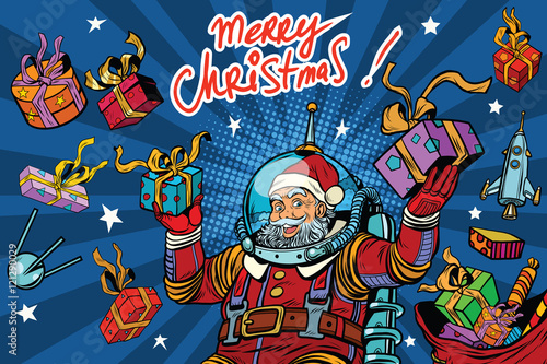 Space Santa Claus in zero gravity with Christmas gifts