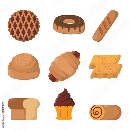 Vector illustration of bakery product food collection. Breakfast wheat meal c...