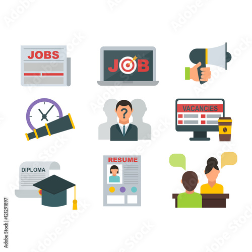 Vector job search icon set computer office concept. Human recruitment employment work job search icons team meeting manager. Job search icons interview employee resources career strategy set.