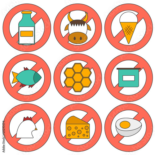 Vector illustration with modern cartoon flat icons with products containing animal protein and prohibited for vegans: milk, cheese, egg, yogurt, fish, ice cream, red meat, honey, poultry meat